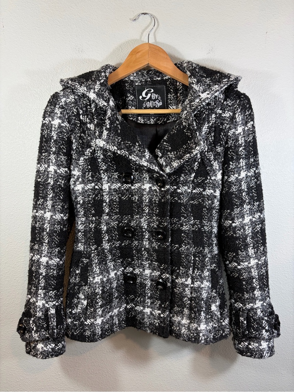 G by Guess Tweed Plaid Double-Breasted hooded Peacoat